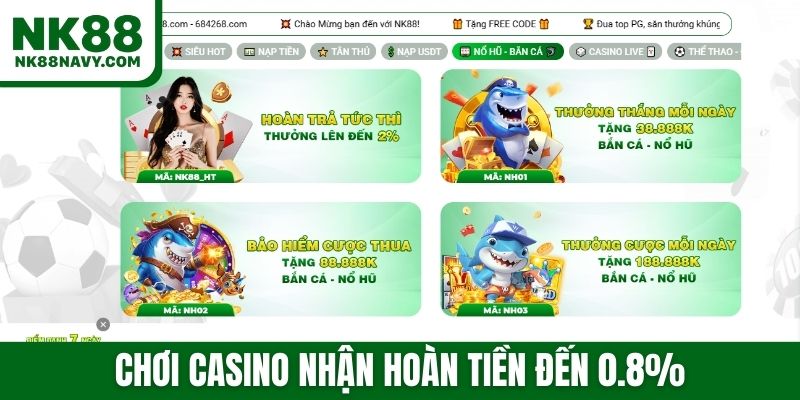 Chơi casino nhận hoàn tiền đến 8%